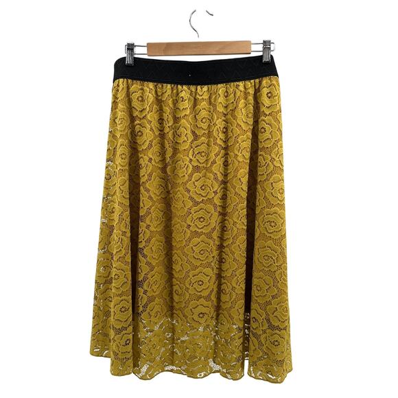Lularoe Midi Skirt Womens 2XL Yellow Rose Floral Lace A-Line Elastic Waist Lined - Picture 2 of 5